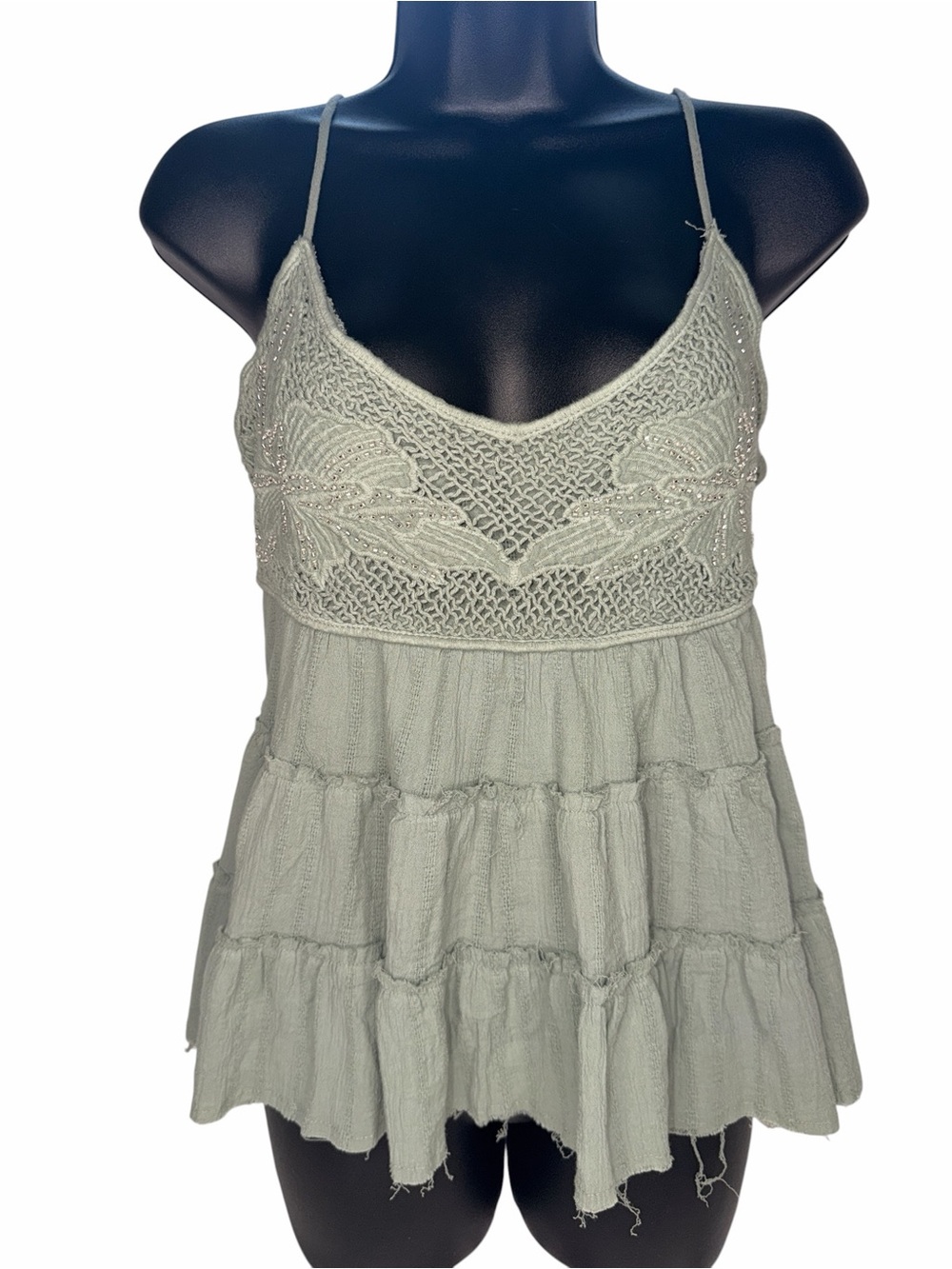 Amber Sky Sage Crochet Beaded Embroidered Boho Babydoll Tank Top L NWT
